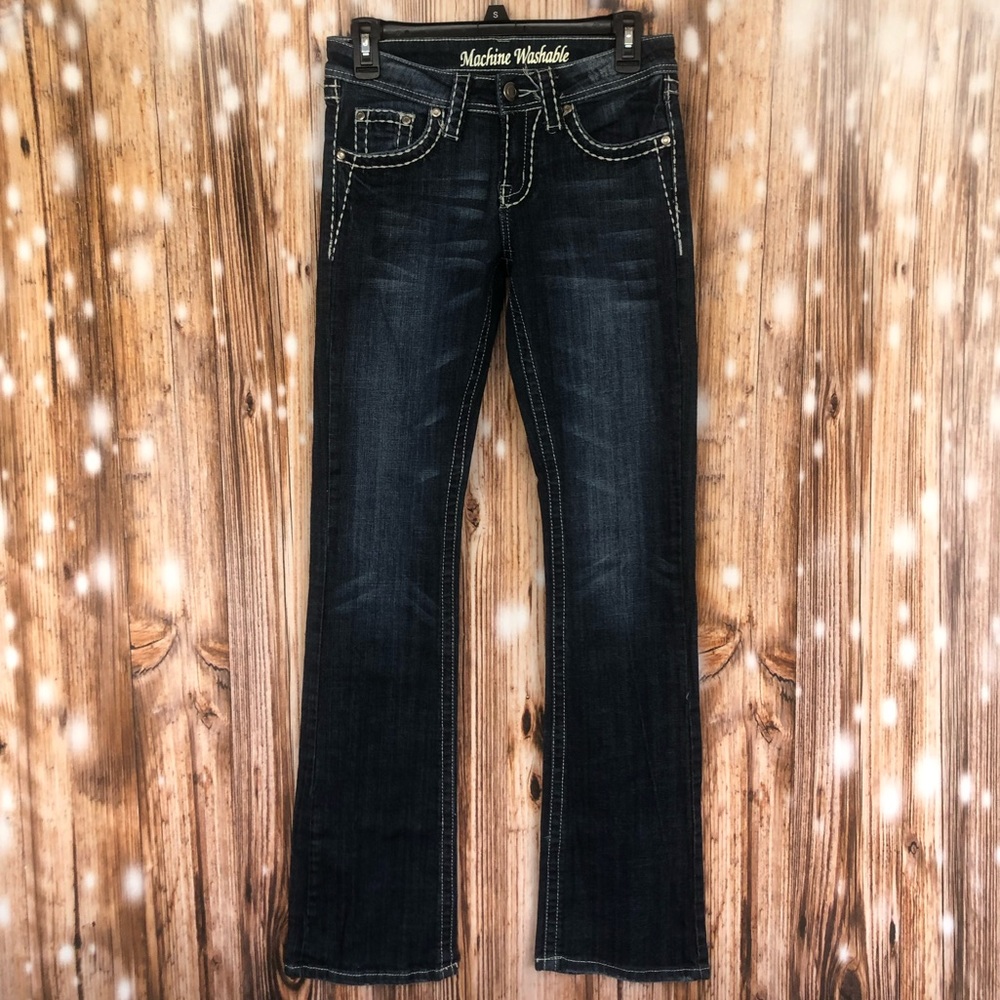 Machine Washable Bootcut Rhinestone Embellished Blue Jeans